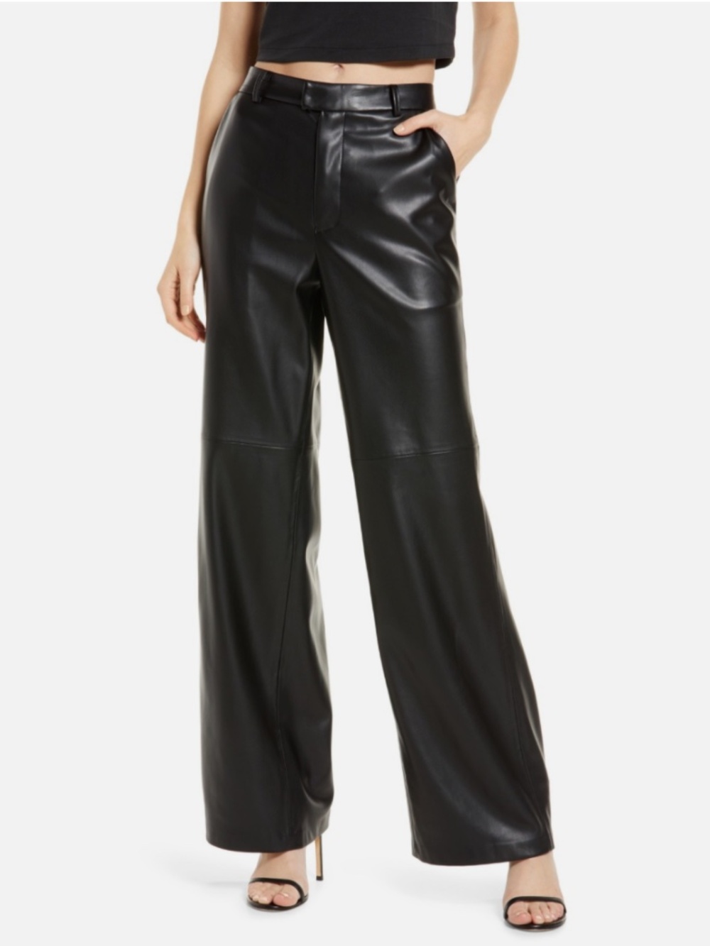 NWT GOOD AMERICAN Black Faux Leather Wide Leg Trouser Sz 4